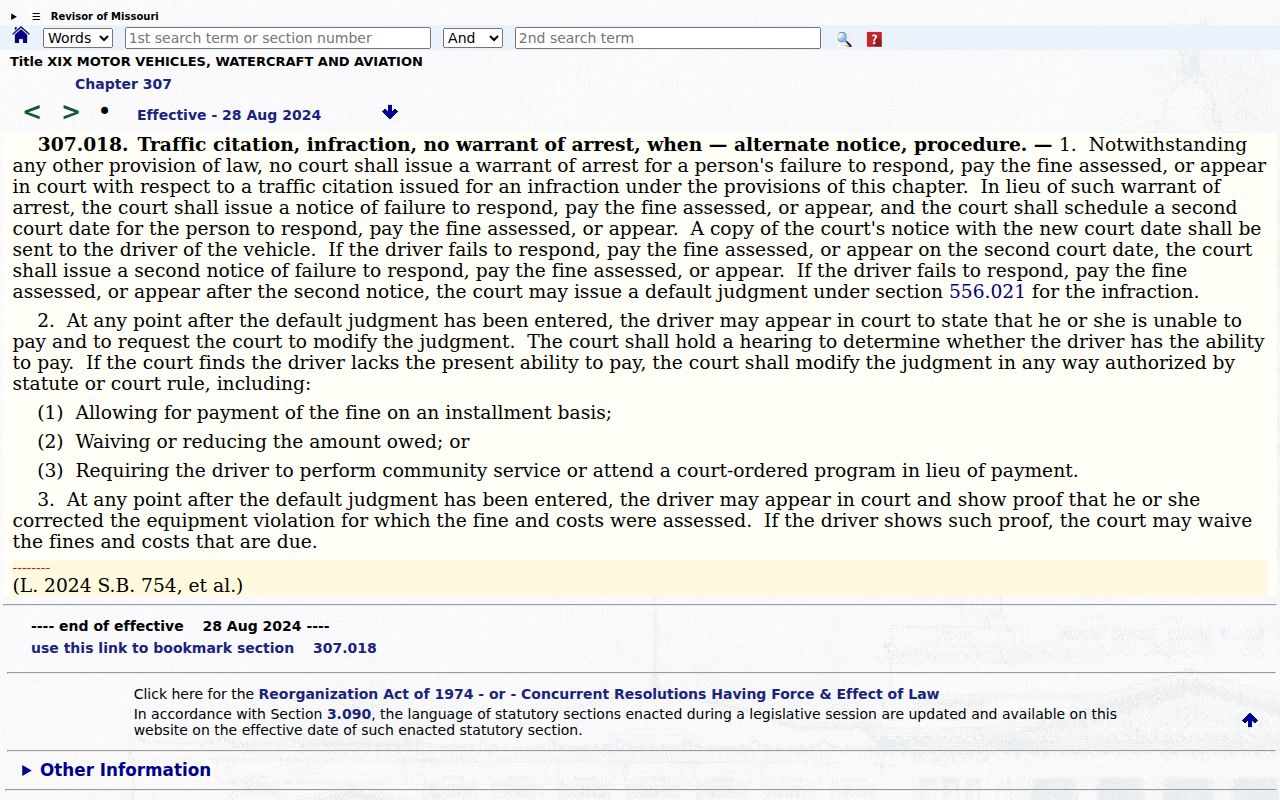 Missouri statute 307.018 official traffic infraction text